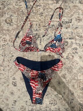 Women’s Red, White & Blue Patterned Triangle Bikini Set